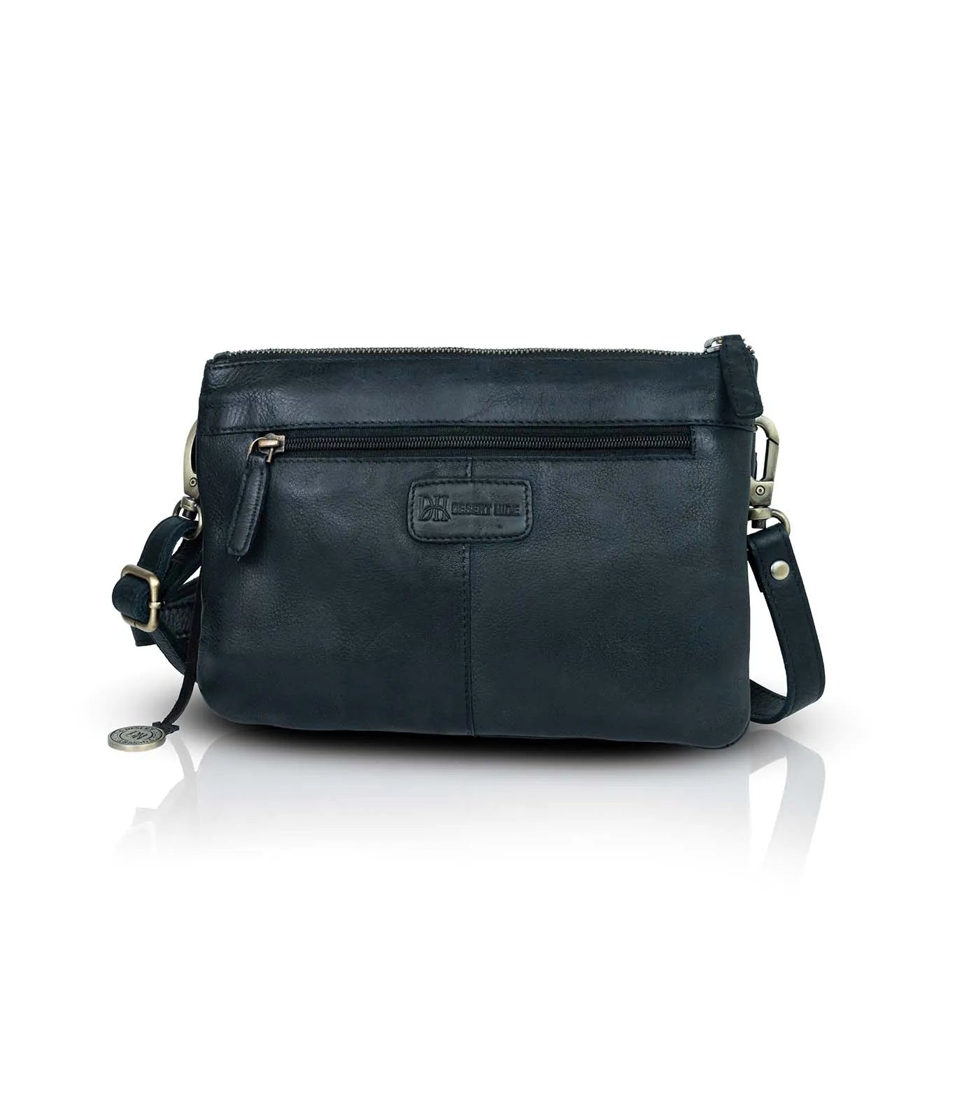 Black leather handbag with a visible brand logo on a white background