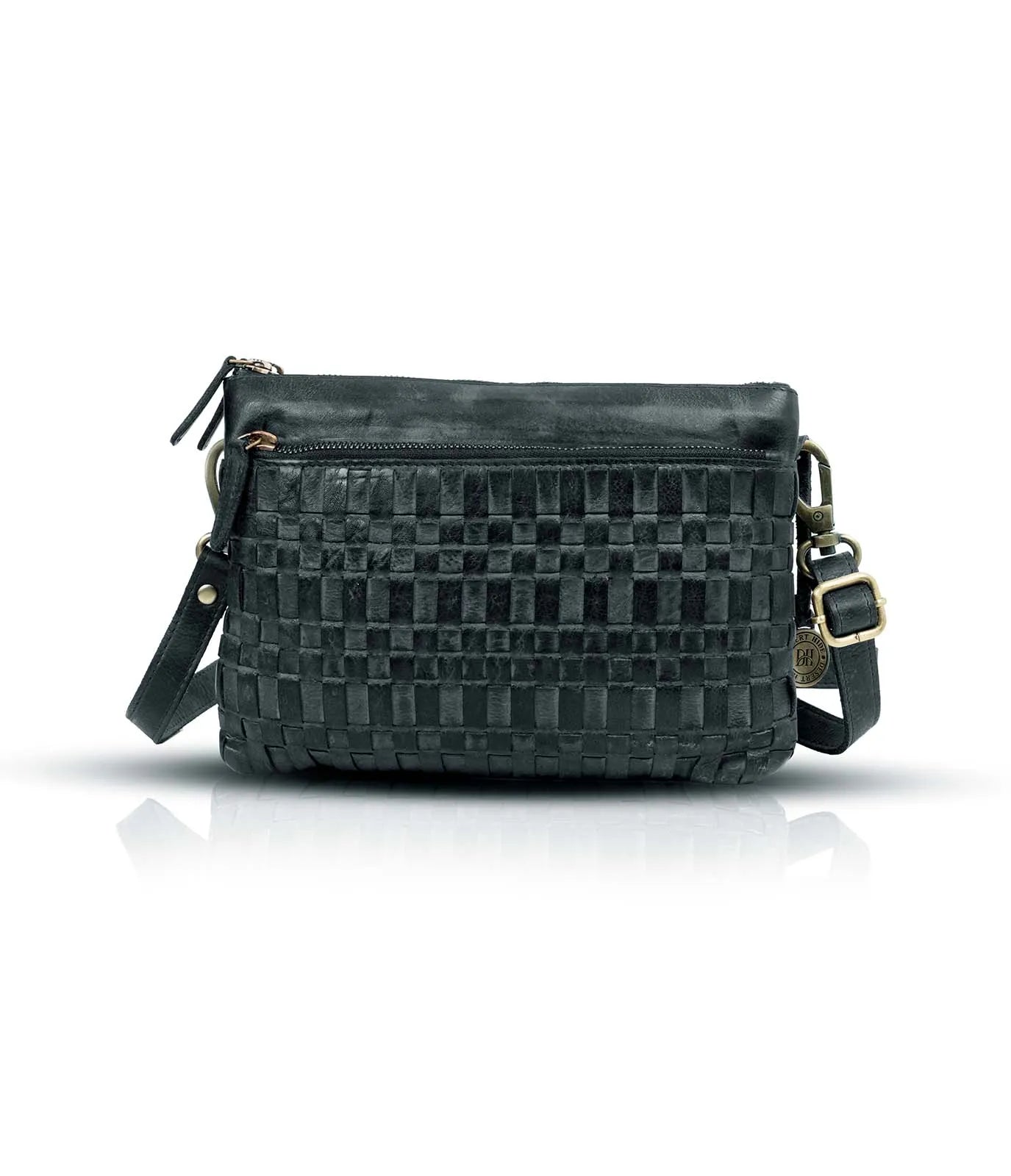 Black handbag with a strap on a white background