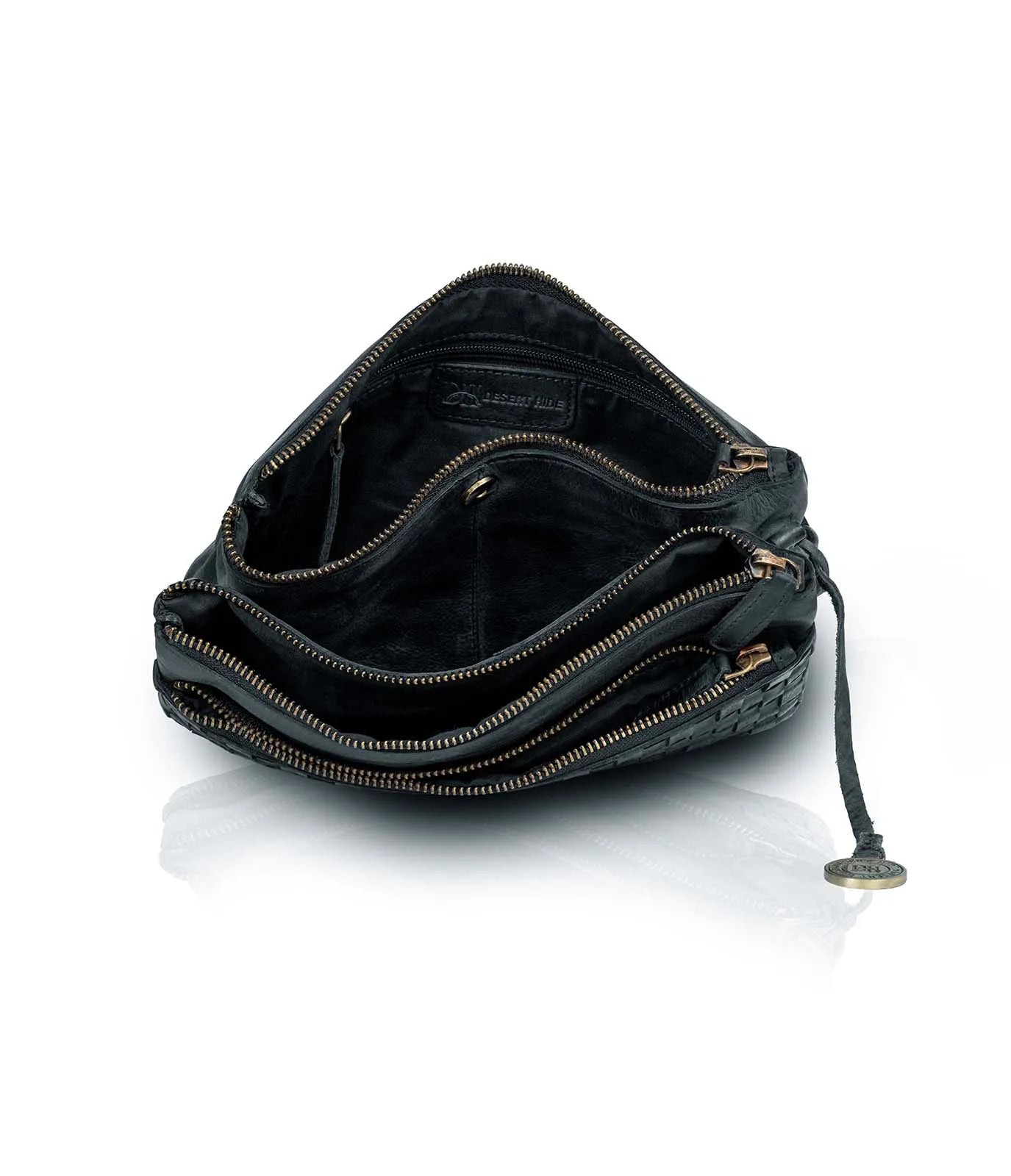 Black leather handbag with a visible brand logo on a white background