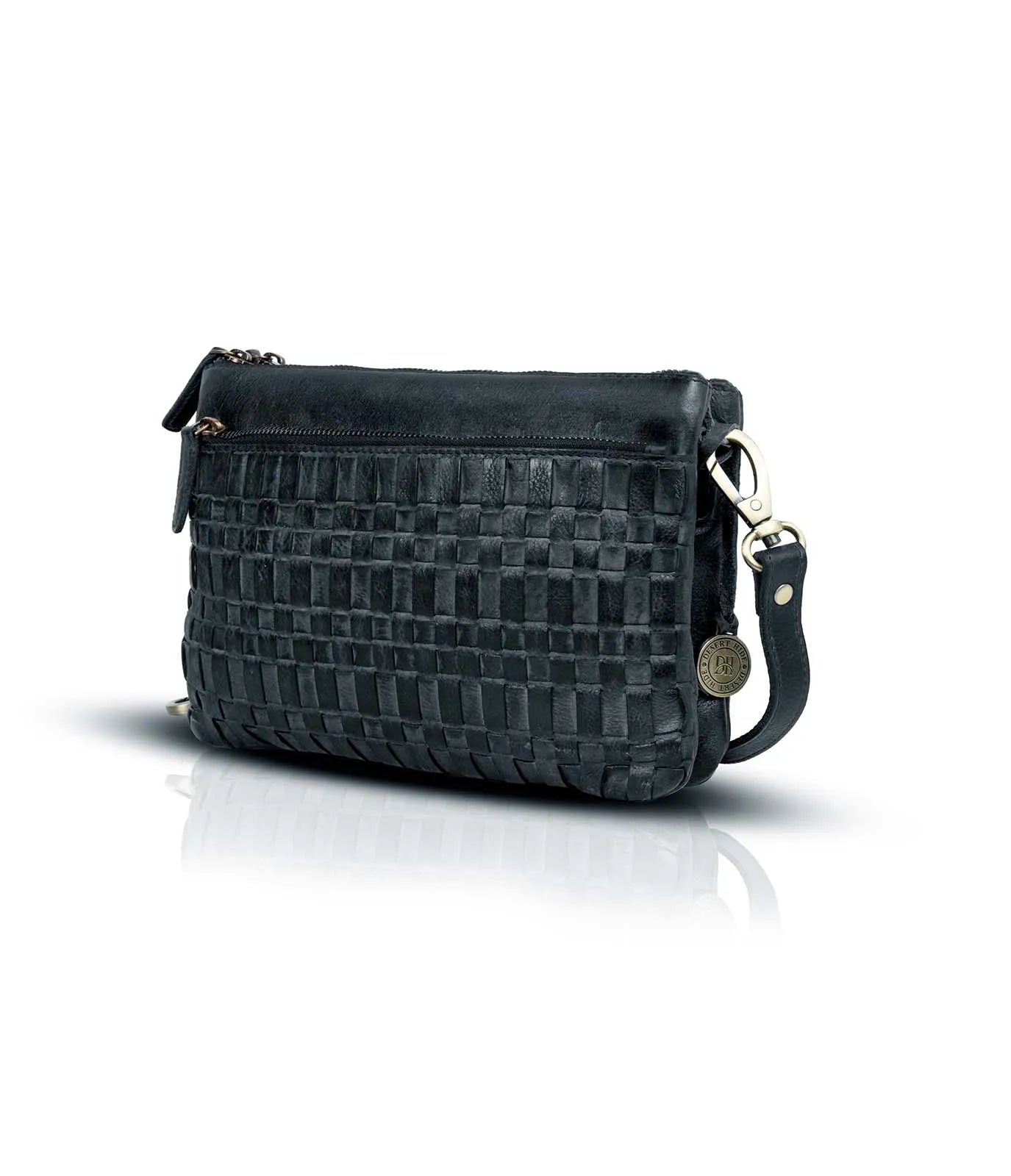 Black textured handbag on a white background