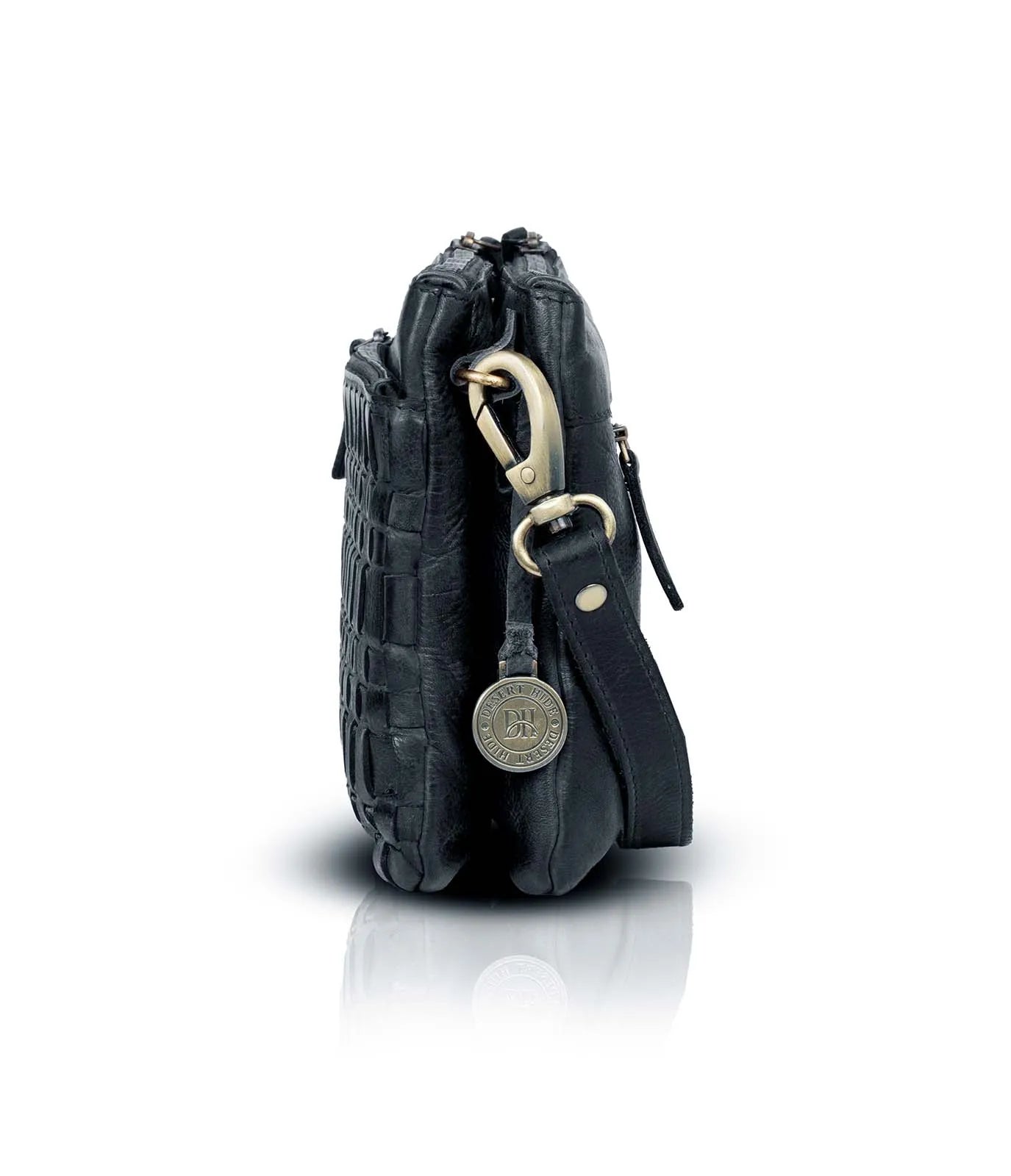 Black leather handbag with a visible brand logo on a white background