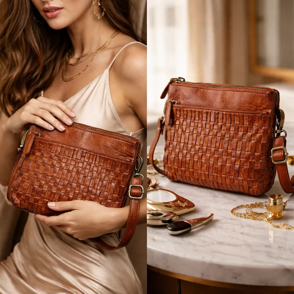 Brown woven handbag held by a woman and placed on a marble surface with gold jewelry.