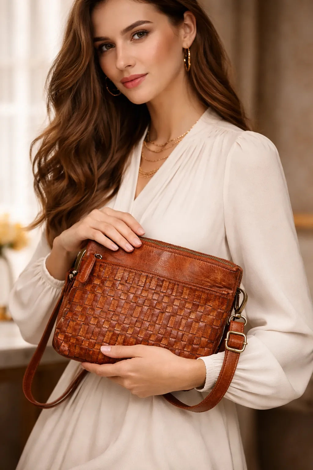 Woman holding a brown woven handbag indoors