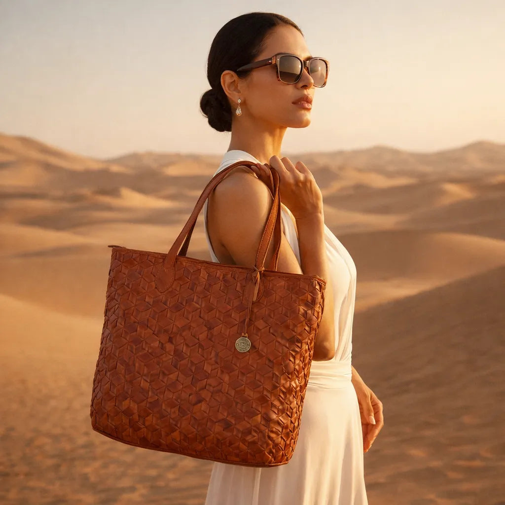 Woman holding a brown textured handbag in a desert setting