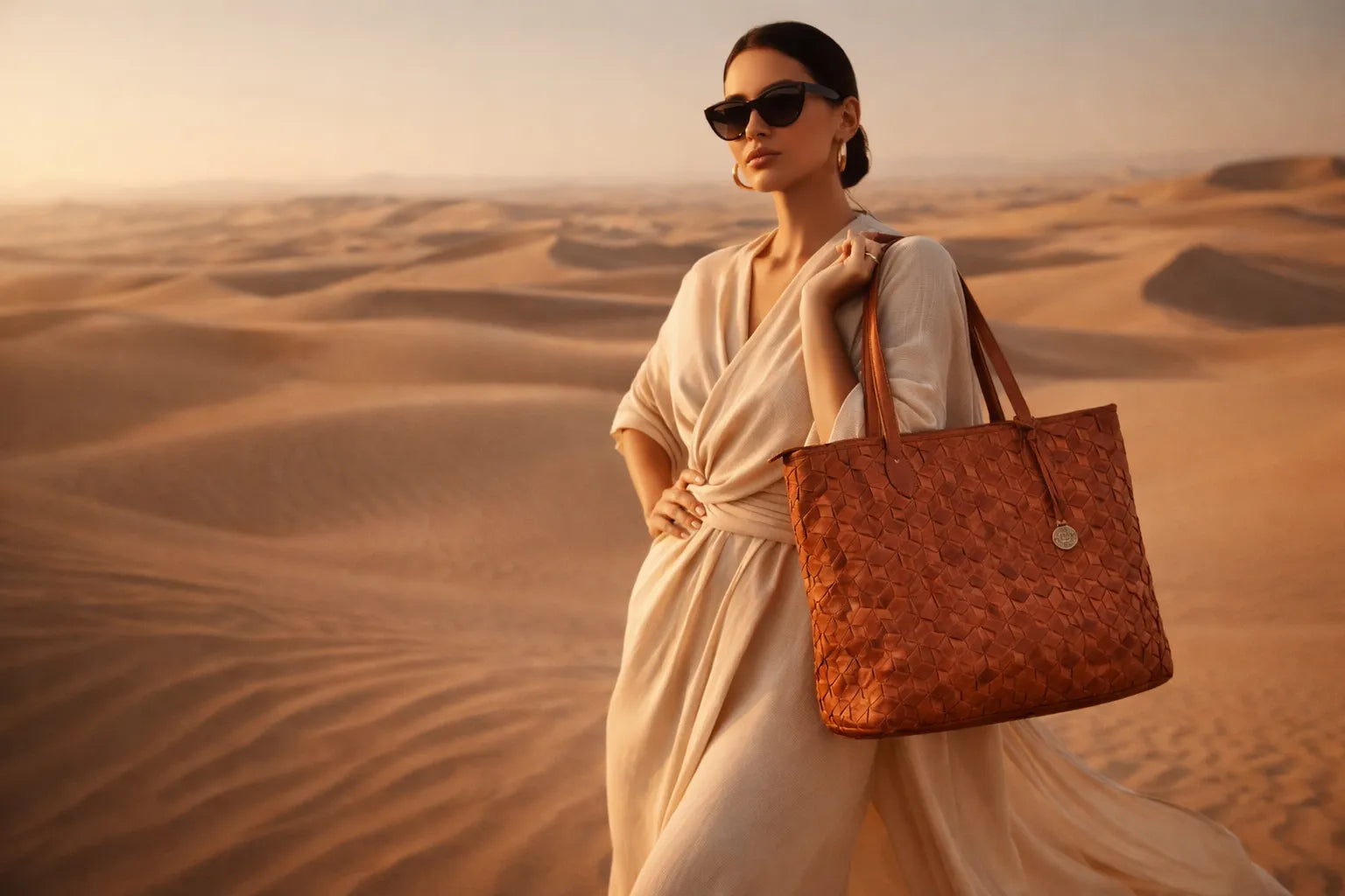 Woman in a beige dress holding a brown leather bag in a desert landscape